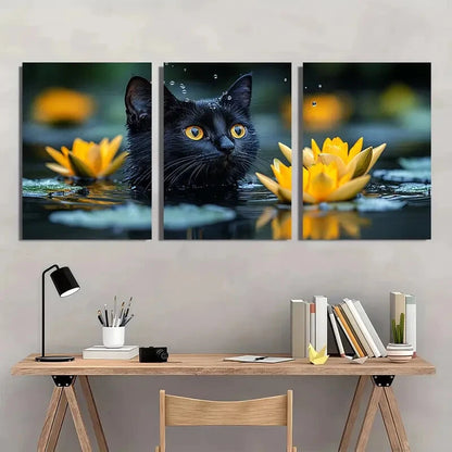 3pcs Charming Black Cat & Water Lily Metal Print Ready to Hang Art - Bella Home Decor