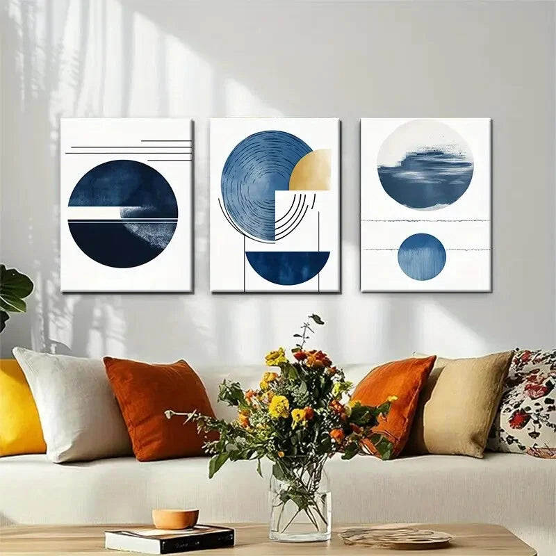 3pcs Modern Geometric Abstract Blue Perfect Wall Art Set Canvas Framed 40x60cm - High Quality Print 100% Australian Made Wall Canvas Ready to Hang - Bella Home Decor
