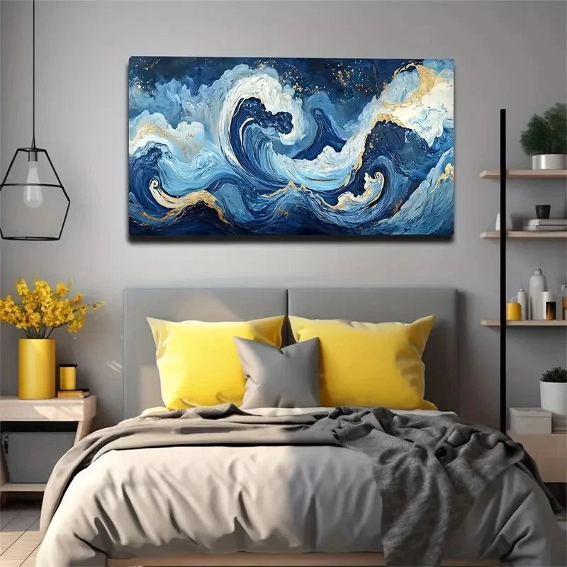 Blue & Golden Swirling Wall Art Canvas Office Home Room Framed 120x60cm