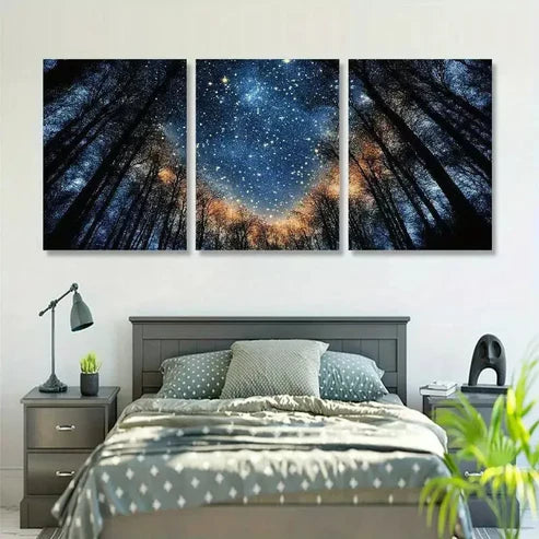 3pcs Modern Blue Starry Night Forest Tree  Art Set Canvas Unframed - High Quality Print 100% Australian Made Wall Canvas