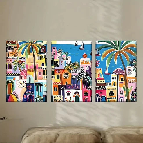 3pcs a painting of a city with palm trees Wall Art Set Canvas Unframed - High Quality Print 100% Australian Made Wall Canvas