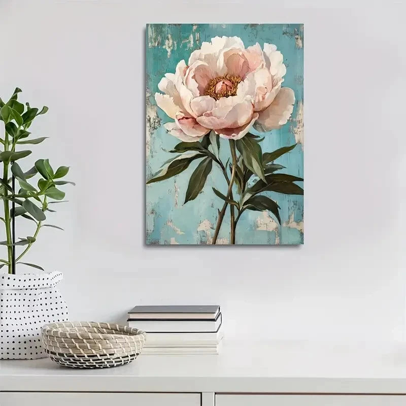 Vibrant Pink & White Blooms on Blue Green Background 40x60cm Metal Print Ready to Hang - Bella Home Decor