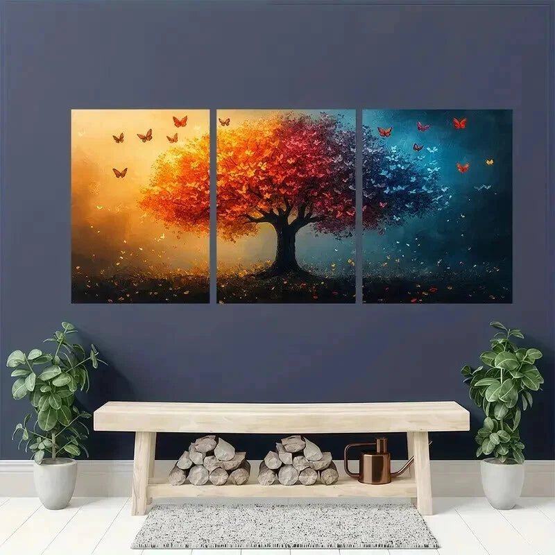 3pcs Vibrant Autumn & Winter Butterfly Tree Wall Art Set Canvas Framed 60x90cm - High Quality Print 100% Australian Made Wall Canvas Ready to Hang