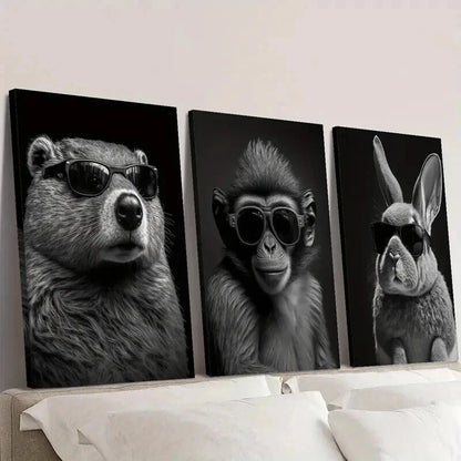 3pcs Beaver Monkey & Rabbit in Glasses Wall Art Set Canvas Framed 50x70cm - High Quality Print 100% Australian Made Wall Canvas Ready to Hang