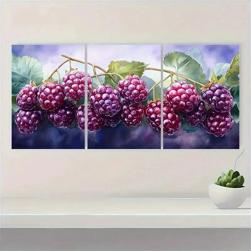 3pcs  Blackberry Watercolor Painting YU    Wall  Art Set Canvas Framed 60x90cm - High Quality Print 100% Australian Made Wall Canvas Ready to Hang - Bella Home Decor