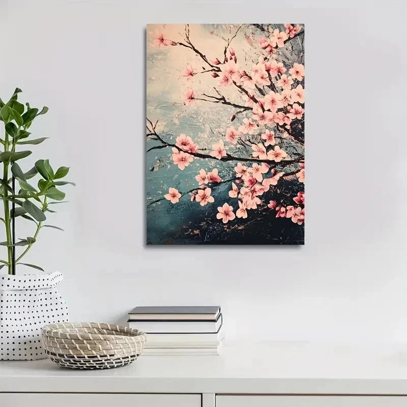 Beautiful Vibrant Cherry Blossoms Painting 40x60cm Metal Print Ready to Hang - Bella Home Decor
