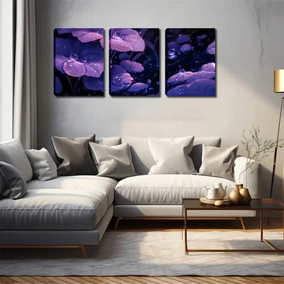 3pcs Purple Leaves Dotted Water Drop Perfect Wall Art Set Canvas Framed 50x70cm - High Quality Print 100% Australian Made Wall Canvas Ready to Hang - Bella Home Decor