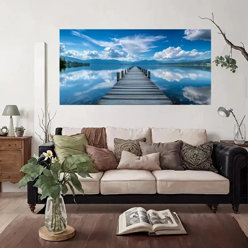Wooden Dock Reflection Lake Wall Art Canvas Office Home Room Framed 120x60cm