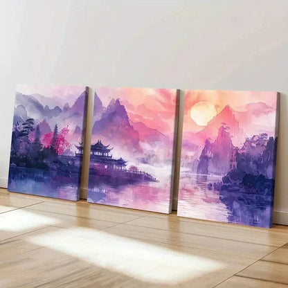3pcs Vintage Sunrise Chinese Landscape Wall Art Set Canvas Framed 60x90cm - High Quality Print 100% Australian Made Wall Canvas Ready to Hang - Bella Home Decor