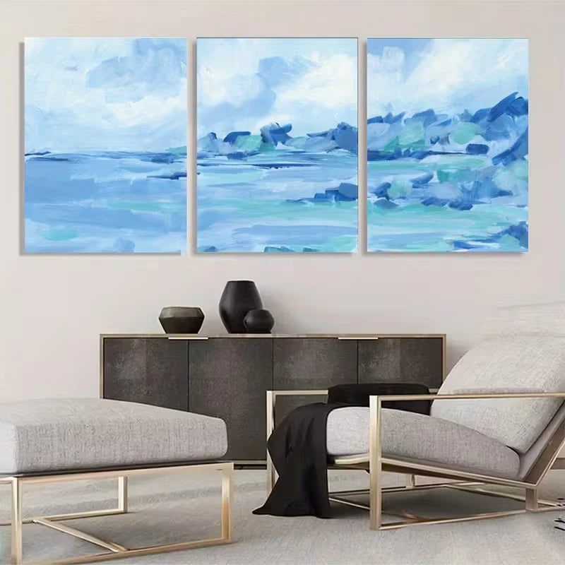 3pcs Blue Modern Abstract Seascape Painting  Wall Art Set Canvas Framed 40x60cm - High Quality Print 100% Australian Made Wall Canvas Ready to Hang - Bella Home Decor