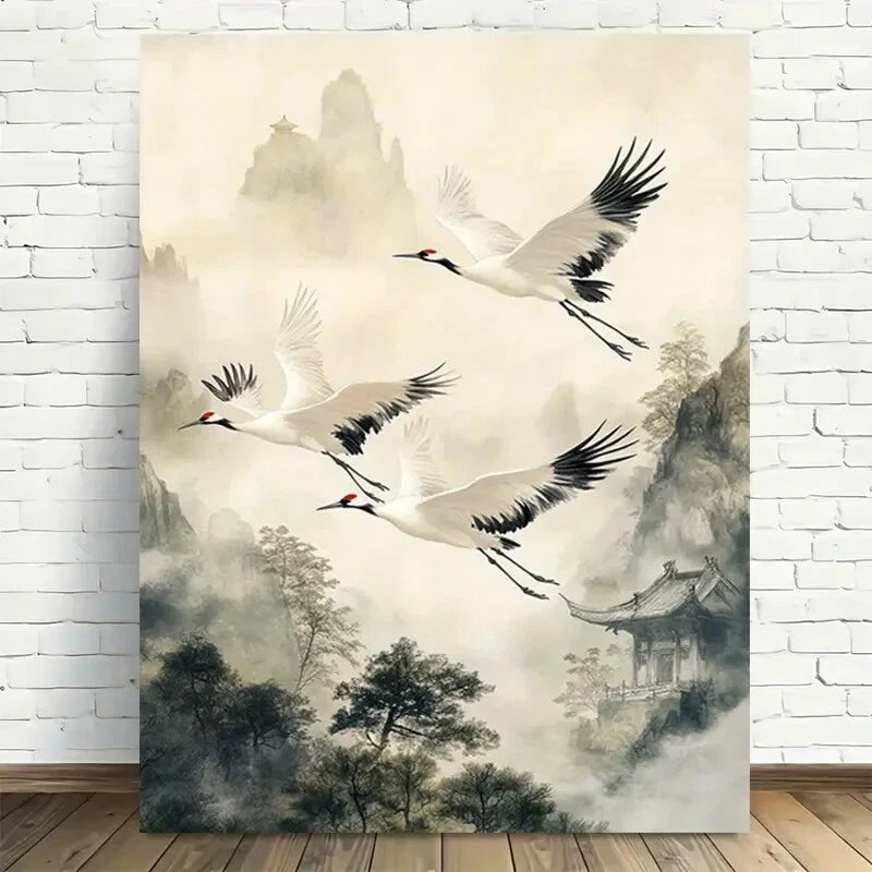 Beautiful Elegant Crane Flight Asian Painting 40x60cm Metal Print Ready to Hang - Bella Home Decor