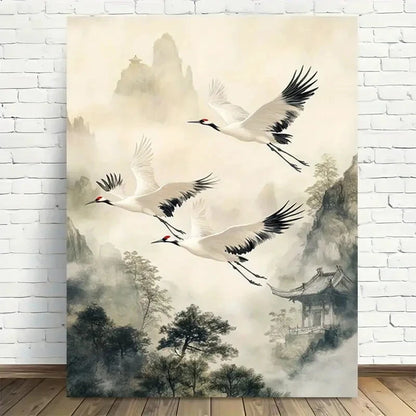 Beautiful Elegant Crane Flight Asian Painting 40x60cm Metal Print Ready to Hang - Bella Home Decor