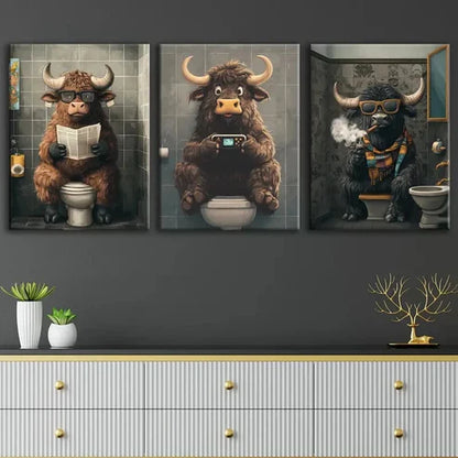 3pcs Highland Cows Smoke Game Grey Blue Golden Wall Art Set Canvas Unframed - High Quality Print 100% Australian Made Wall Canvas