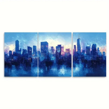 3pcs Modern Blue Geometric Cityscape RO  Wall Art Set Canvas Framed 60x90cm - High Quality Print 100% Australian Made Wall Canvas Ready to Hang