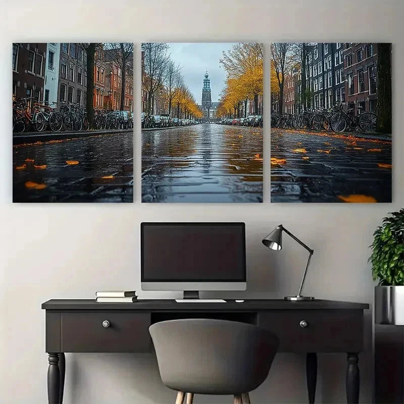 3pcs Amsterdam Bike Lined Black White Wall Art Set Canvas Framed 50x70cm - High Quality Print 100% Australian Made Wall Canvas Ready to Hang - Bella Home Decor