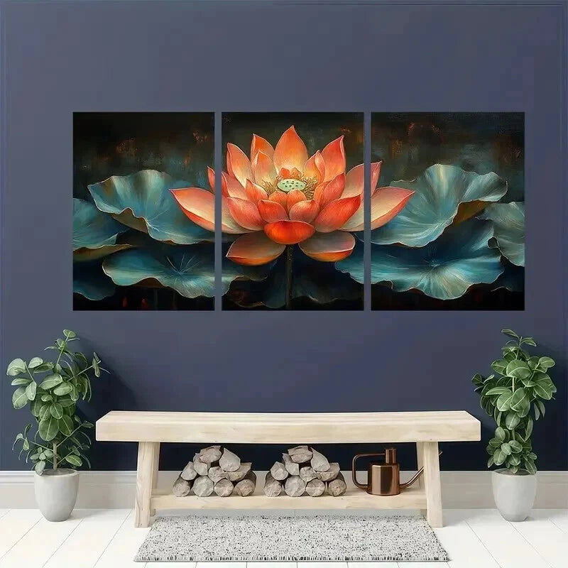 3pcs Pink Lotus Flower with Leaves Design Wall Art Set Canvas Framed 60x90cm - High Quality Print 100% Australian Made Wall Canvas Ready to Hang - Bella Home Decor