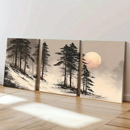3pcs Moonlit Forest Scene Winter Landscape  Wall Art Set Canvas Framed 50x70cm - High Quality Print 100% Australian Made Wall Canvas Ready to Hang