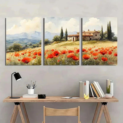 3pcs Tuscany Poppy Cottage Countryside Wall Art Canvas Unframed - High Quality Print 100% Australian Made Wall Canvas
