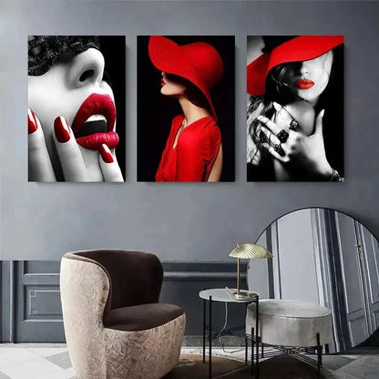 3pcs Chic Red Hat & Lipstick Fashion Perfect Wall Art Set Canvas Framed 50x70cm - High Quality Print 100% Australian Made Wall Canvas Ready to Hang - Bella Home Decor
