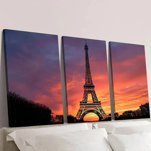 3pcs Eiffel Tower & Sunset with Evening Clouds Wall Art Set Canvas Unframed - High Quality Print 100% Australian Made Wall Canvas - Bella Home Decor
