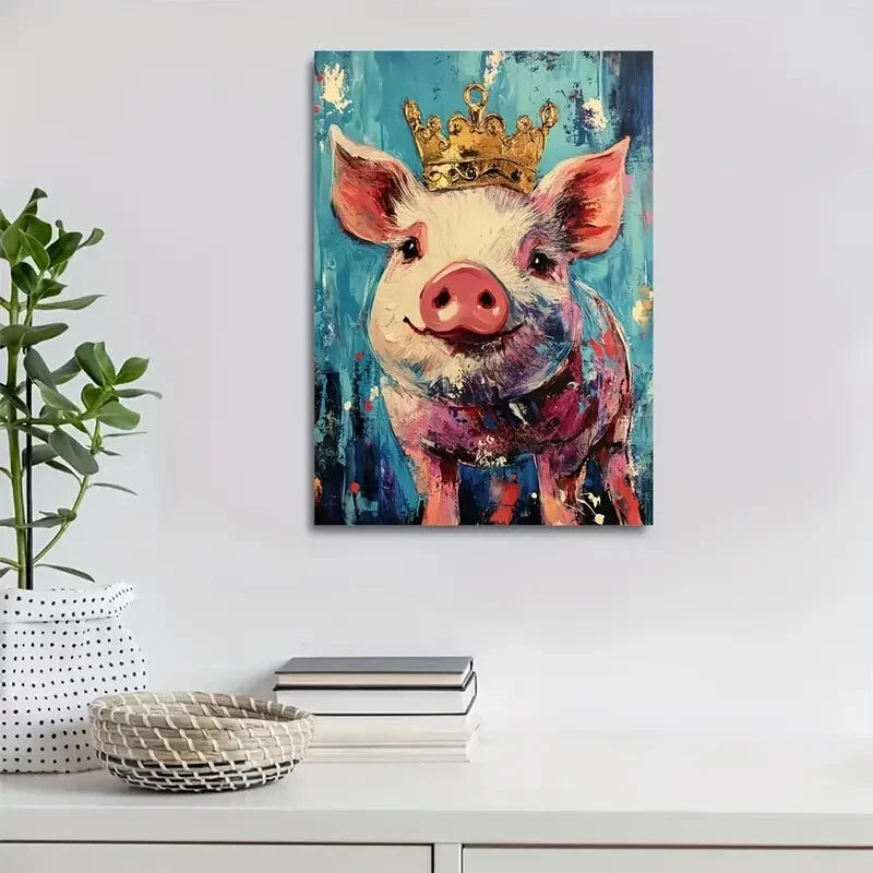 Beautiful Crowned Pig Painting with Pine Painting 40x60cm Metal Print Ready to Hang - Bella Home Decor