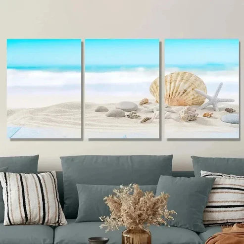 3pcs Ocean with Seashells and Sand Beach Scene Wall Art Set Canvas Unframed - High Quality Print 100% Australian Made Wall Canvas