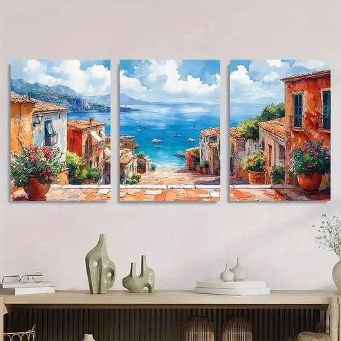 3pcs Street Scene Watercolor Coastal Wall Art Canvas Unframed - High Quality Print 100% Australian Made Wall Canvas