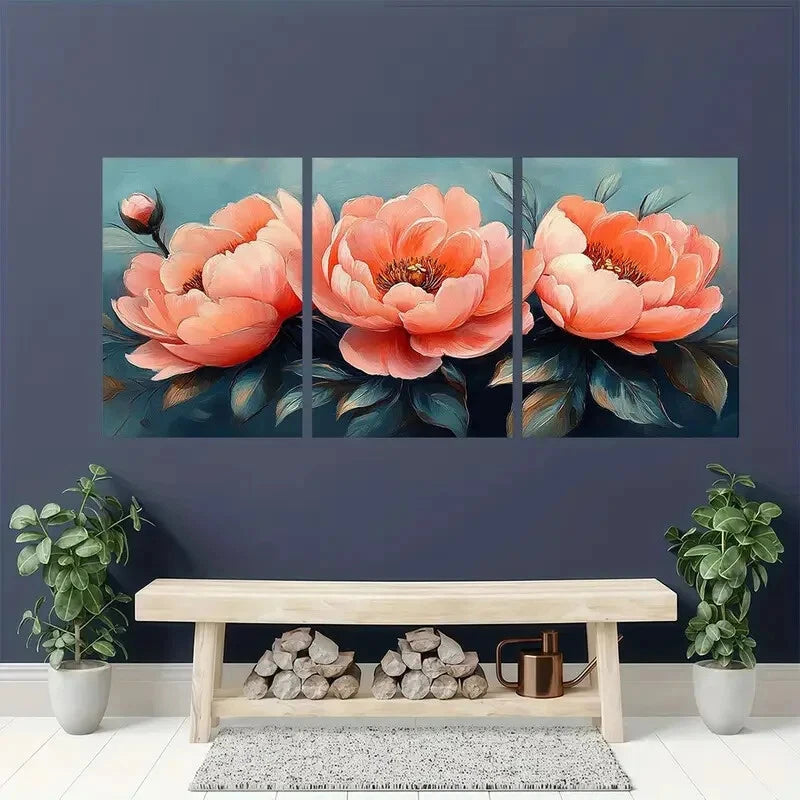 3pcs Vibrant Pink Peach Flowers Blush Peonies Metal Print Ready to Hang Art - Bella Home Decor