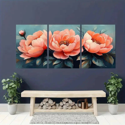 3pcs Vibrant Pink Peach Flowers Blush Peonies Metal Print Ready to Hang Art - Bella Home Decor