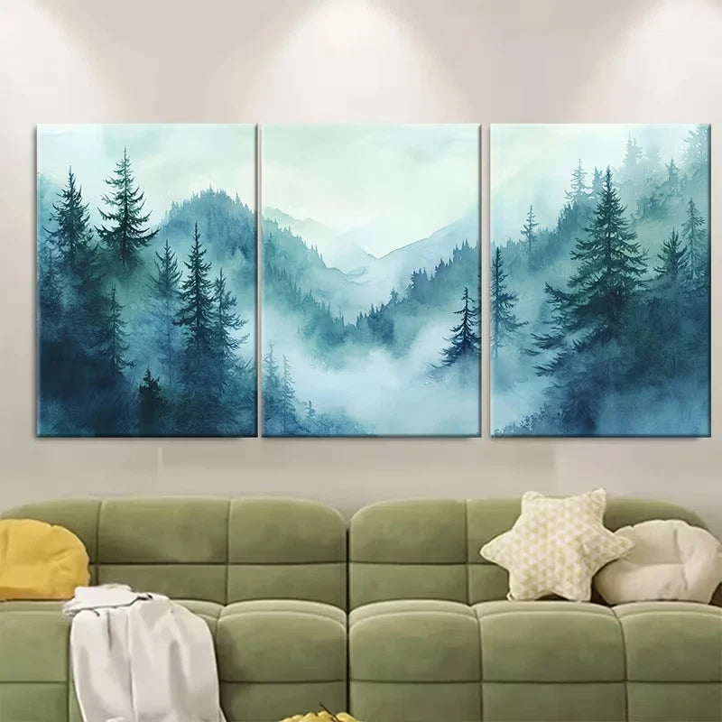 3pcs Watercolor Mountains With Foggy Trees Metal Print Ready to Hang Art