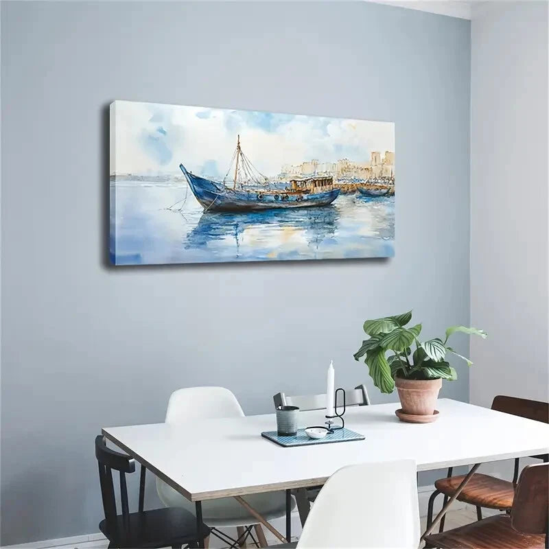 Blue Fishing Boat at Water Wall Art Canvas Office Home Room Framed 120x60cm - Bella Home Decor