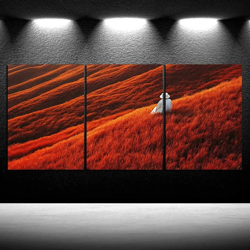 3pcs Straw Hat Is Sitting on The Grass Metal Print Ready to Hang Art - Bella Home Decor