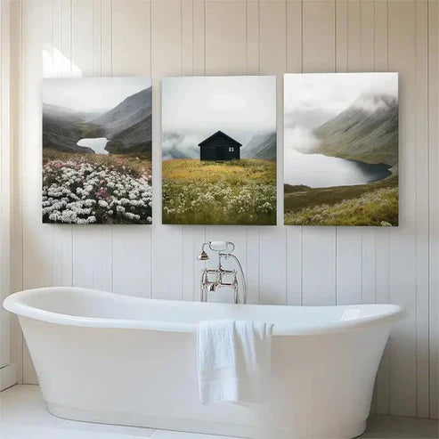 3pcs Misty Lake and Flower Field Cabin Perfect Wall Art Canvas Unframed - High Quality Print 100% Australian Made Wall Canvas