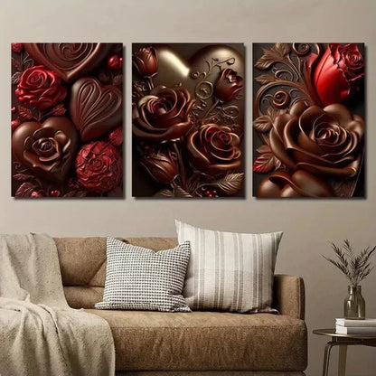 3pcs Chocolate Rose with Golden Accents Wall Art Canvas Unframed - High Quality Print 100% Australian Made Wall Canvas - Bella Home Decor