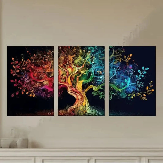 3pcs a colorful tree with many leaves & flowers Wall Art Set Canvas Framed 50x70cm - High Quality Print 100% Australian Made Wall Canvas Ready to Hang