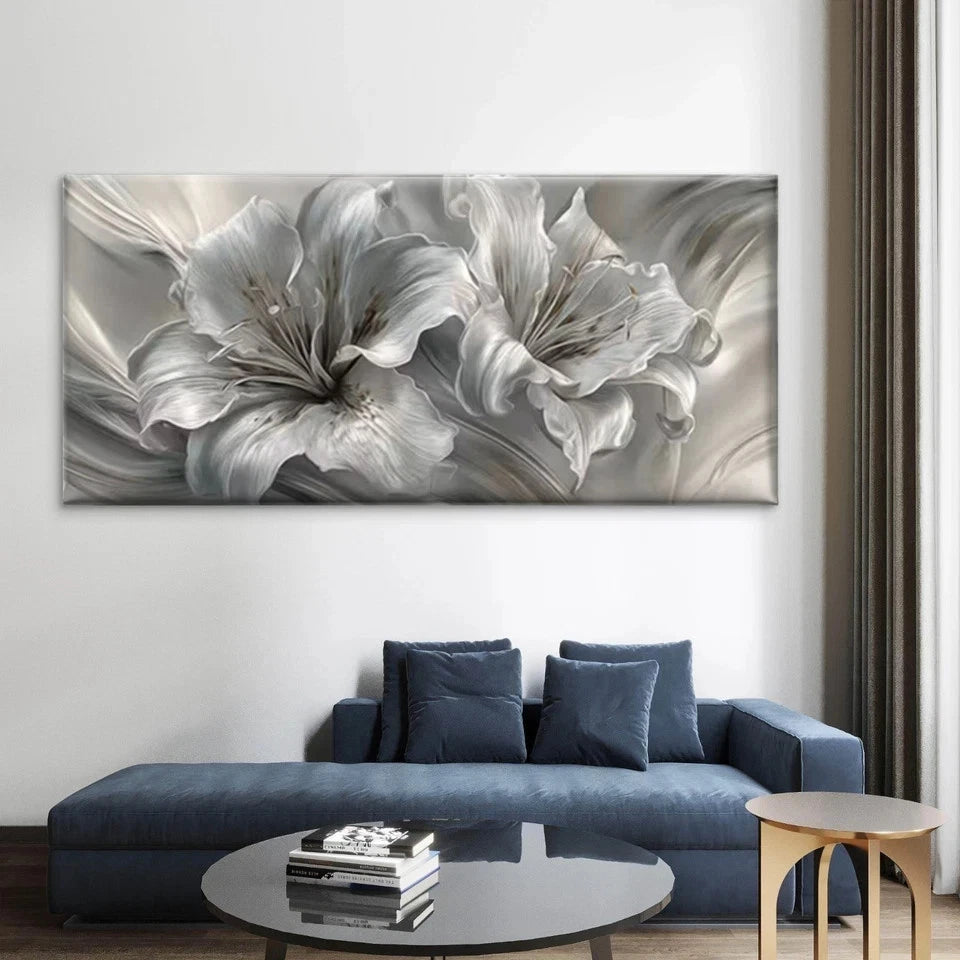 Abstract Silvery White Lily Wall Art Canvas Office Home Room Framed 120x60cm