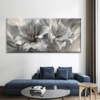 Abstract Silvery White Lily Wall Art Canvas Office Home Room Framed 120x60cm