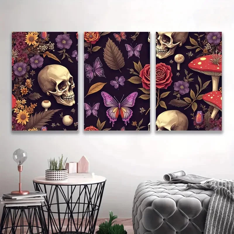 3pcs Skull and flower patterns painting  Wall Art Set Canvas Framed 50x70cm - High Quality Print 100% Australian Made Wall Canvas Ready to Hang