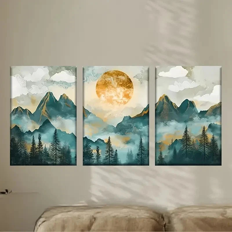 3pcs Mountain & Tree Art with Full Moon Wall Art Set Canvas Framed 40x60cm - High Quality Print 100% Australian Made Wall Canvas Ready to Hang - Bella Home Decor