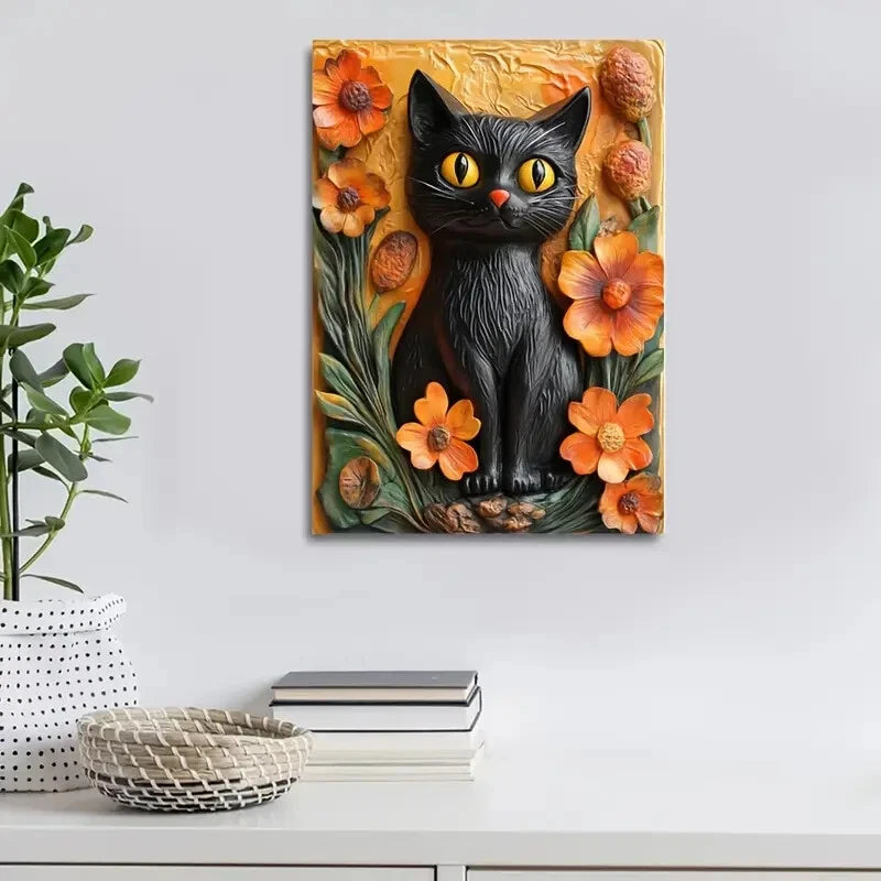 Black Cat And Yellow Life in Orange Painting  40x60cm Metal Print Ready to Hang - Bella Home Decor