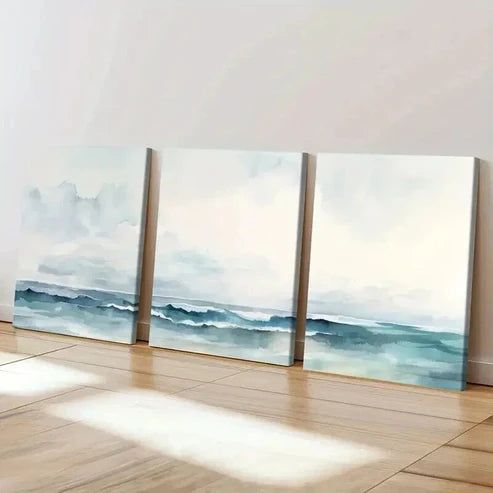 3pcs Tranquil Ocean Waves with Misty Sky Wall Art Canvas Unframed - High Quality Print 100% Australian Made Wall Canvas