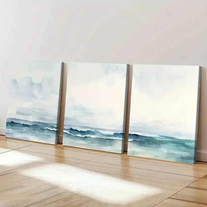 3pcs Tranquil Ocean Waves with Misty Sky Wall Art Canvas Unframed - High Quality Print 100% Australian Made Wall Canvas
