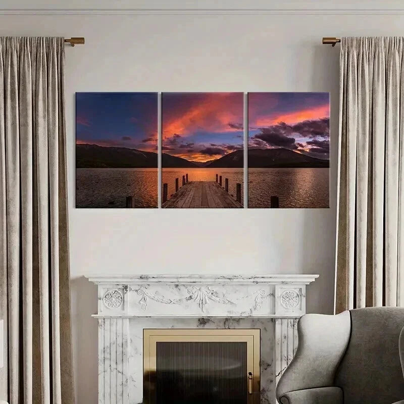 3pcs Lake Dusk Bridge Sunset Natural Landscape Wall Art Set Canvas Framed 40x60cm - High Quality Print 100% Australian Made Wall Canvas Ready to Hang