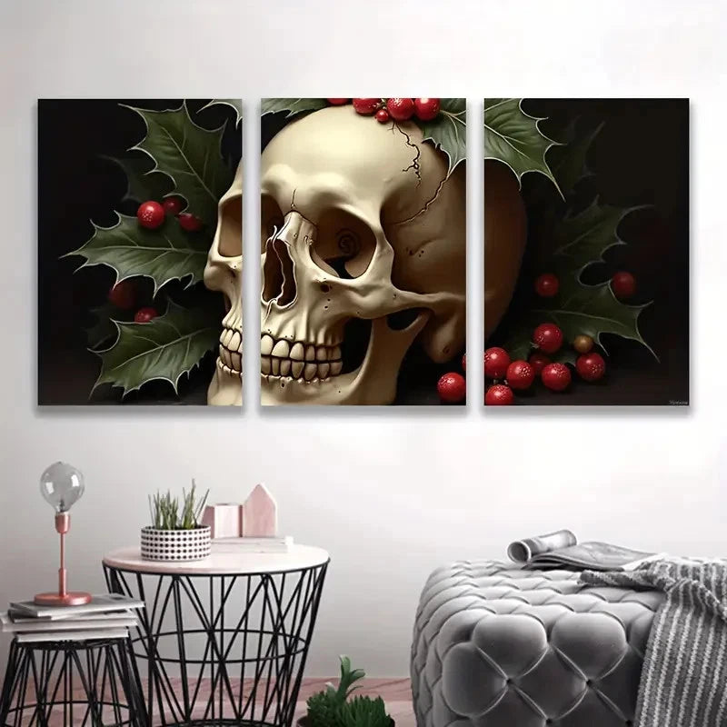 3pcs Skull Gothic Decor with & Berry Design   Wall Art Set Canvas Framed 50x70cm - High Quality Print 100% Australian Made Wall Canvas Ready to Hang