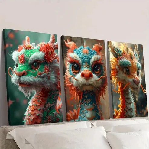 3pcs Cute Cartoon Happy New Year Dragon Wall Art Set Canvas Unframed - High Quality Print 100% Australian Made Wall Canvas - Bella Home Decor