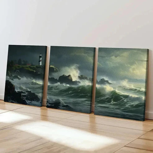 3pcs Lighthouse Overlooking Stormy Sea Waves Wall Art Canvas Unframed - High Quality Print 100% Australian Made Wall Canvas