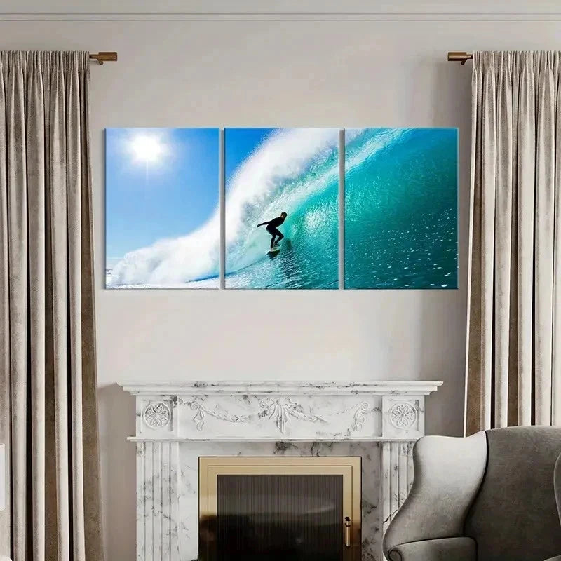 3pcs Man Surfing In the Sea Sport Modern Wall Art Set Canvas Framed 50x70cm - High Quality Print 100% Australian Made Wall Canvas Ready to Hang