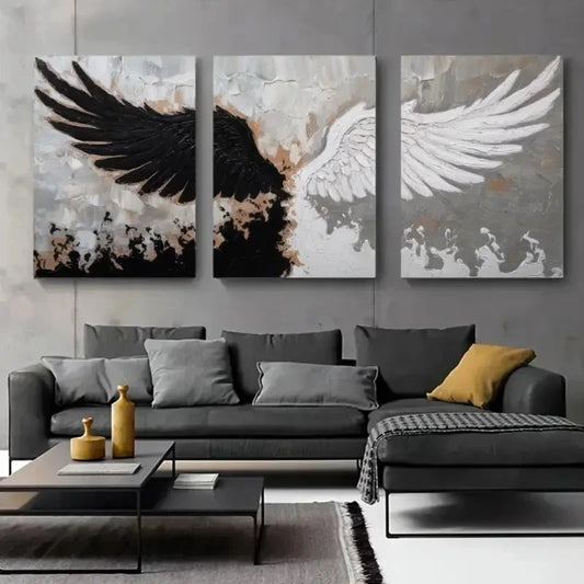 3pcs Black & White Wings, Beige back Wall Art Set Canvas Framed 40x60cm - High Quality Print 100% Australian Made Wall Canvas Ready to Hang