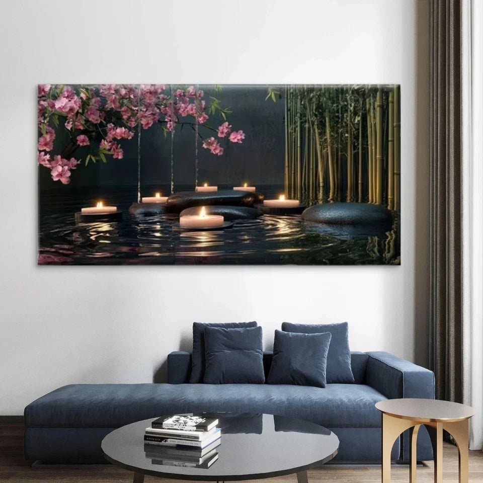 Candles on a Water Backdrop Wall Art Canvas Office Home Room Framed 120x60cm