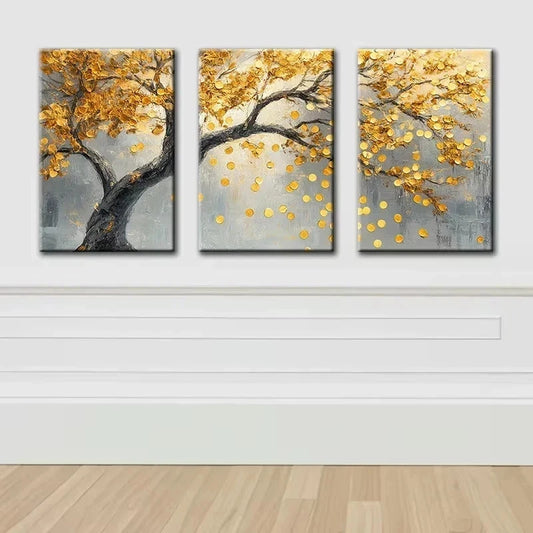 3pcs A tree with Golden leaves Illustration Metal Print Ready to Hang Art